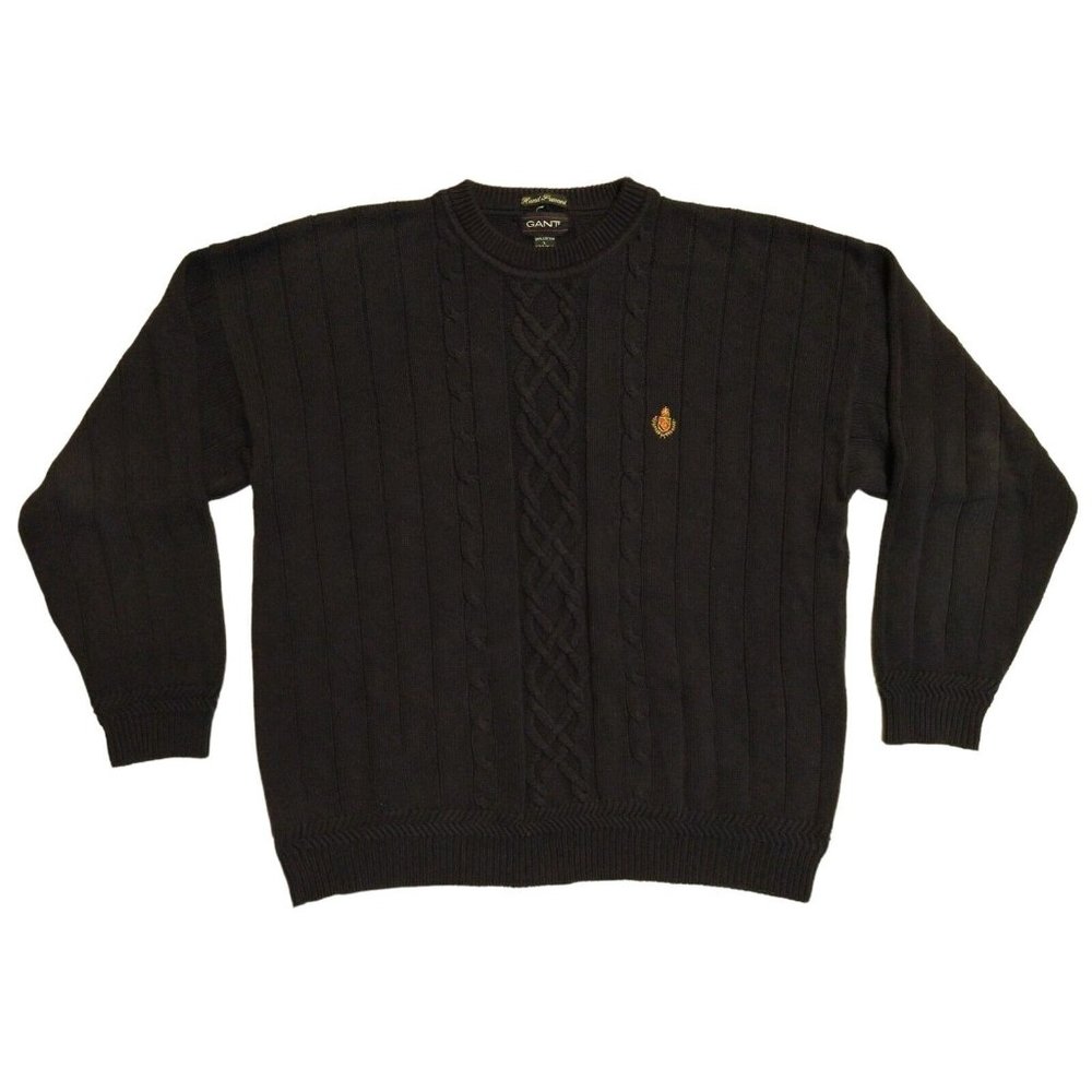 Gant Hand-Framed Rib-Knit Cable-Knit Sweater Crest Navy Blue Men's Large